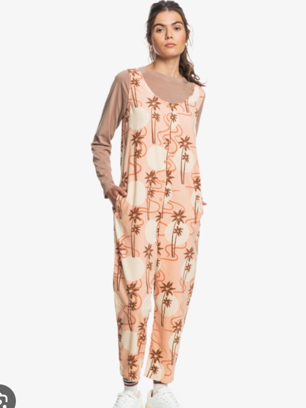 Quiksilver Peach Palm-Print Sleeveless Jumpsuit corduroy button up with pockets
